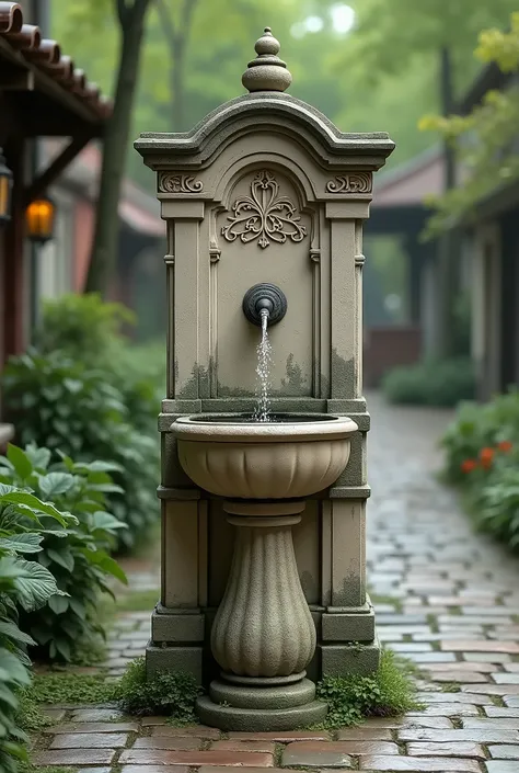 An old stone fountain-style drinking fountain with arabesques and water gushing out of the pipe, seen in full from the front
