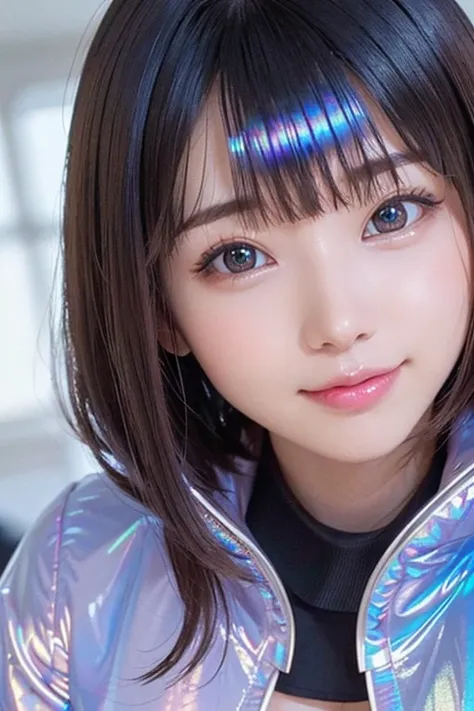 (masterpiece, highest quality, super detailed, detailed face, 8k)、smile、one girl,, , ((( Iridescent opaque jacket:1.3, , holographic:1.23))), , extremely fine-grained clarity, (symmetrical eyes:1.3), , , , , ,, parted bangs, , , (Eye and face details:1.0),...