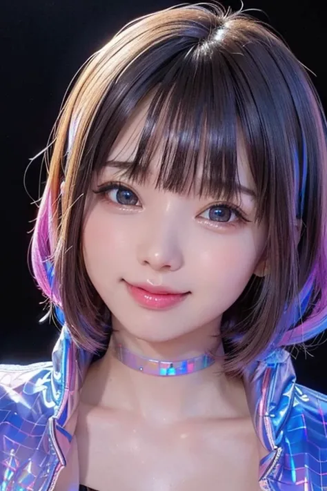 (masterpiece, highest quality, super detailed, detailed face, 8k)、smile、one girl,, , ((( Iridescent opaque jacket:1.3, , holographic:1.23))), , extremely fine-grained clarity, (symmetrical eyes:1.3), , , , , ,, parted bangs, , , (Eye and face details:1.0),...