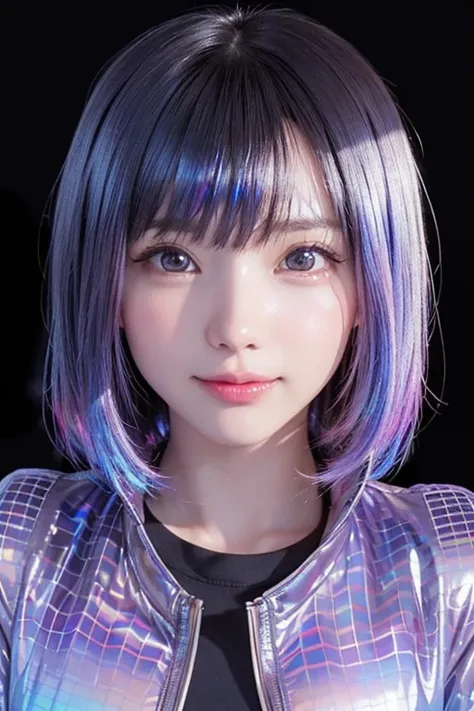 (masterpiece, highest quality, super detailed, detailed face, 8k)、smile、one girl,, , ((( Iridescent opaque jacket:1.3, , holographic:1.23))), , extremely fine-grained clarity, (symmetrical eyes:1.3), , , , , ,, parted bangs, , , (Eye and face details:1.0),...