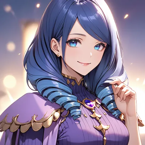 1 mature female, blue hair, drill hair, twin drill, blue eyes, purple dress, light purple cape, clear、asymmetrical bangs、smile, masterpiece 、detailed eyes, Beautiful attention to detail:1.2, Perfect lighting, (perfect hand, perfect anatomy), Precise depict...