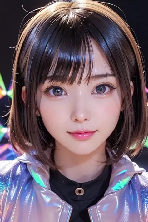 (masterpiece, highest quality, super detailed, detailed face, 8k)、smile、one girl,, , ((( Iridescent opaque jacket:1.3, , holographic:1.23))), , extremely fine-grained clarity, (symmetrical eyes:1.3), , , , , ,, parted bangs, , , (Eye and face details:1.0),...