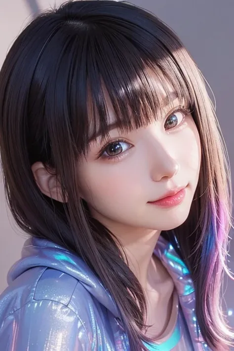 (masterpiece, highest quality, super detailed, detailed face, 8k)、smile、one girl,, , ((( Iridescent opaque jacket:1.3, , holographic:1.23))), , extremely fine-grained clarity, (symmetrical eyes:1.3), , , , , ,, parted bangs, , , (Eye and face details:1.0),...