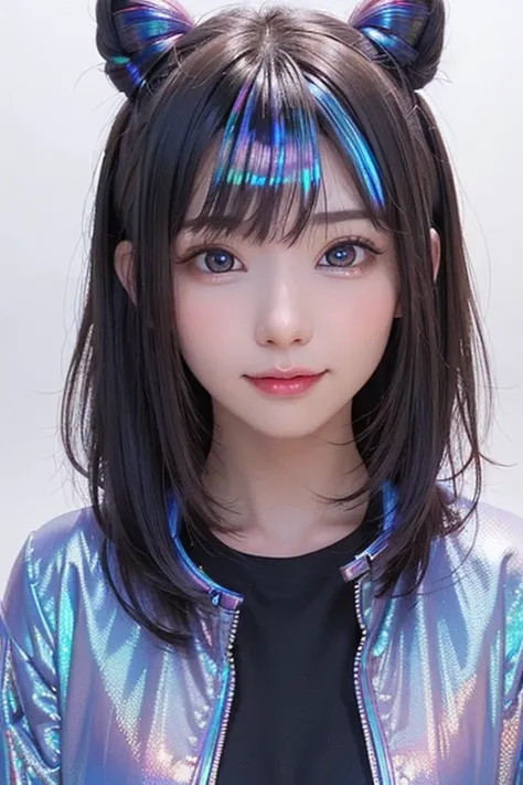 (masterpiece, highest quality, super detailed, detailed face, 8k)、smile、one girl,, , ((( Iridescent opaque jacket:1.3, , holographic:1.23))), , extremely fine-grained clarity, (symmetrical eyes:1.3), , , , , ,, parted bangs, , , (Eye and face details:1.0),...