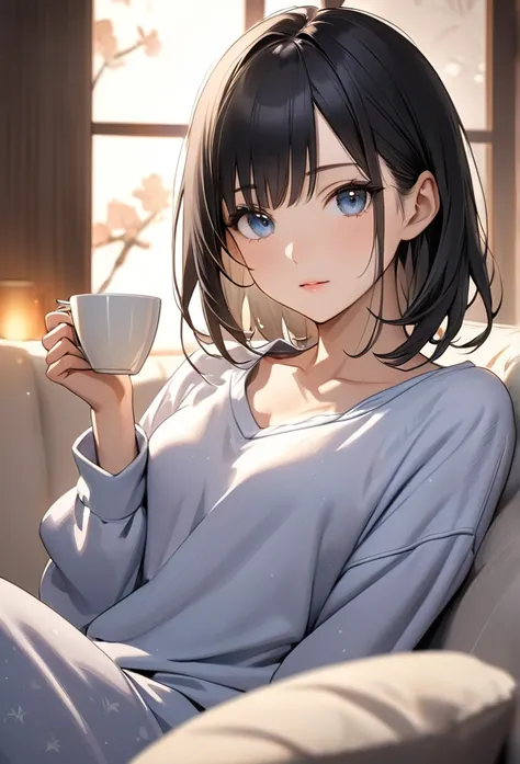 Upper body close-up（((masterpiece), on)""Perfect face, short black hair, beautiful eyes, Japanese, clean facial features, she sits on the sofa in her loungewear, holding a cup and relaxing. The warm ambiance of the home fills the background, highlighting h...