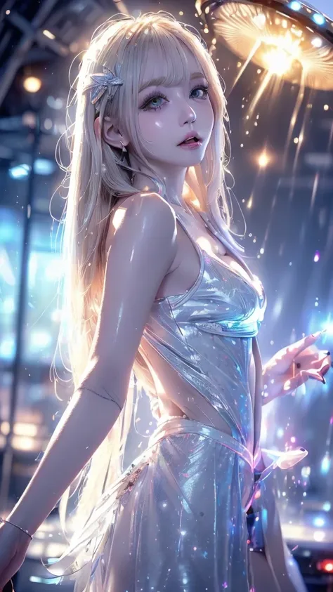 ((highest quality)), ((masterpiece)), (high resolution photos), (beautiful girl), (blonde), (bangs), light eyeshadow, (pointy br...