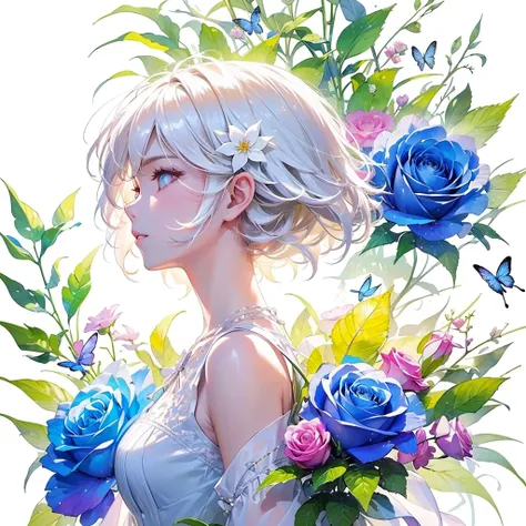 (masterpiece、Best Quality、Best Quality、Beautiful and beautiful:1.2)、Excellent anatomy、（Watercolor painting 1.5）、Long Shot、straight short hair images、White hair color, Beautiful Face、Beautiful profile, Look up at the sky, I close my eyes and pray, Rose Fair...