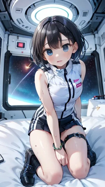 (Best Quality), (masterpiece), 1080P, High resolution, 4K, 8k, Inside the space station、Futuristic room、Thigh straps, Shooting from directly below, The woman on top of me, 白いsweat, Covered , sweat, Woman looking down, Skirt swimsuit, Thigh-high socks, To a...