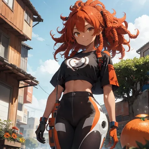 1 female, afro hair, red hair, long afro dread hair, robot body, full robot body, robot eyes, robot arms, robot legs, robot face, robotic, black afro hair, huge breast, thick legs, orange crop top, sport pants, orange pants, with guns, dark sky, grass, gra...