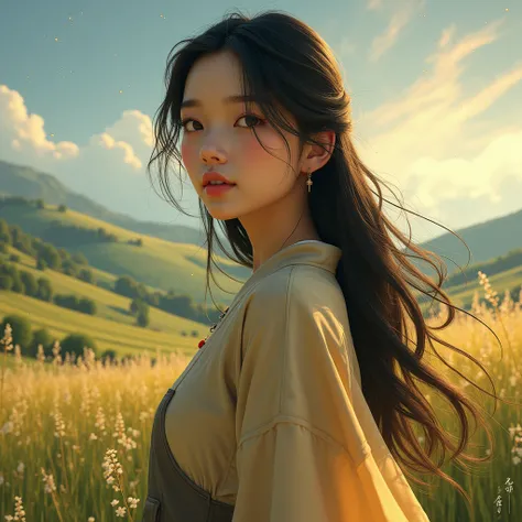 (Realisticity: 1.3), Fine, Quality, Rembrandt Lighting, (Masterpiece: 1.2), (Realisticity: 1.2), (Best Quality), (Skin Details: 1.3), (Intricate Detail), Dramatic, Idyllic, Ray Tracing, 1girl, Chinese Yellow Girl, Long Black Hair, 2, Modern Clothing (Meado...