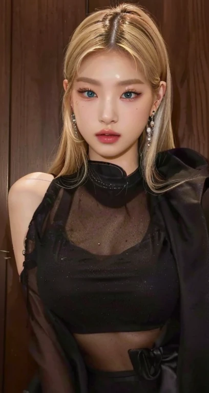 a close up of a woman with long blonde hair wearing a black dress and blue like eyes, roseanne park of blackpink, lalisa manobal, jossi of blackpink, lalisa manoban of blackpink, cl, jisoo of blackpink, jisoo from blackpink, long earrings, portrait of joss...