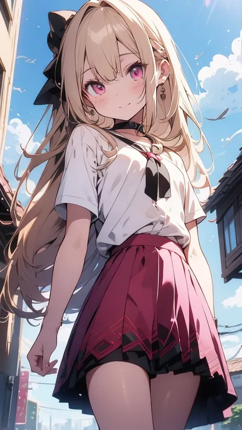 Blonde，Long Hair, Pink Eyes, Standing, From below, Short sleeve, Outdoor, cute, cute, small, So embarrassing, skirt