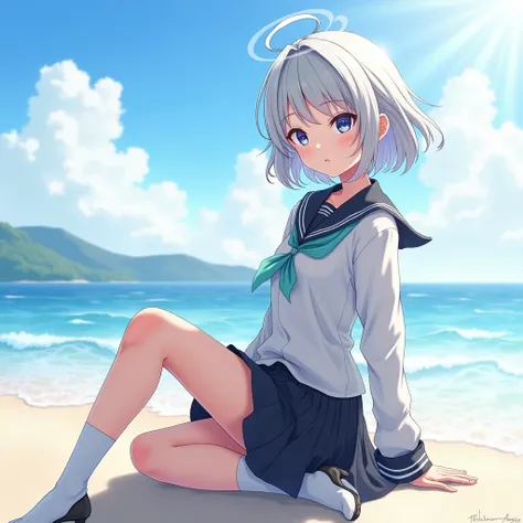 ((masterpiece)), ((best quality)), ((highres)), ((extremely detailed CG unity 8k wallpaper)), solo, tachibana kanade, tan school uniform, black skirt, white socks, outdoors, face, curtained hair, beach, parted hair, silver hair