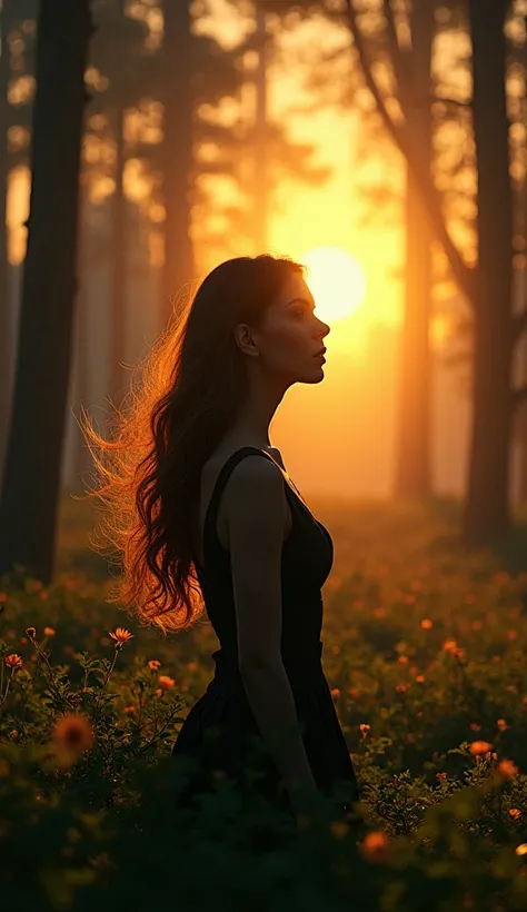 Beautiful and mysterious woman with brown hair, Enjoy the sunset in a beautiful forest  