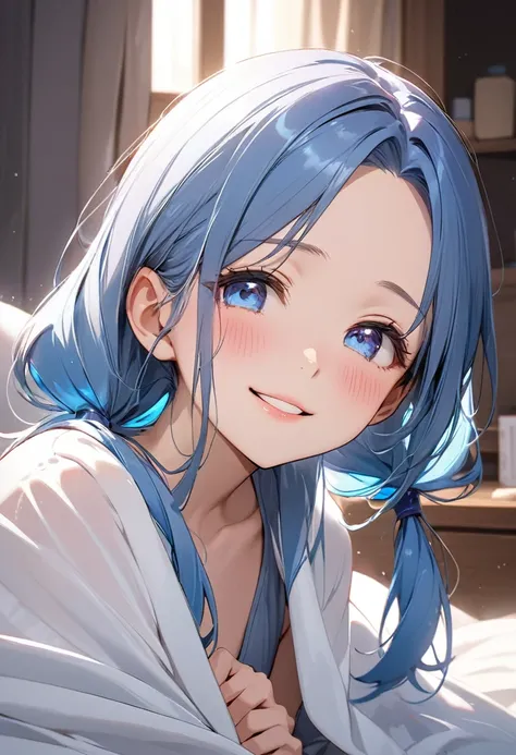 (beautiful and delicate), 
(best beauty forehead and Low Twintails) (best beauty glossy blue hair long hair) 
(immensely cute girl is 15 yo)
(best cute blue glossy eyes),
(love smile and blushing face, glossy lip), (small tits)
(in a blanket),
break,
in th...