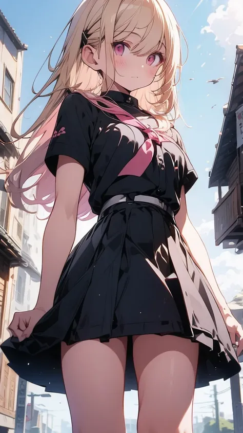 Blonde，Long Hair, Pink Eyes, Standing, From below, Short sleeve, Outdoor, cute, cute, small, So embarrassing, skirt