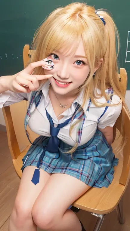  girl with blonde hair and blue skirt sitting on a chair, with index finger, a hyperrealistic schoolgirl, realistic schoolgirl, beautiful high school girl, ecchi style, seductive girl, hyperrealistic schoolgirl, gapmoe yandere, ecchi style, marin kitagawa ...