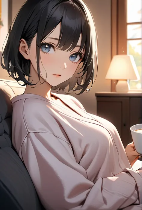 Upper body close-up（((masterpiece), on)""Perfect face, short black hair, beautiful eyes, Japanese, clean facial features, she sits on the sofa in her loungewear, holding a cup and relaxing. The warm ambiance of the home fills the background, highlighting h...