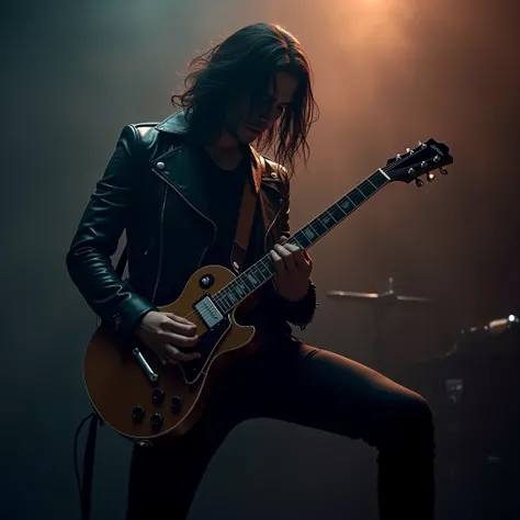 Man with long black messy hair down to the shoulder , black rock pants and a leather jacket, posing with a  guitar, High Resolution, dark background, light fog, From Side, dim stage lighting on the back, in a middle of guitar solo,