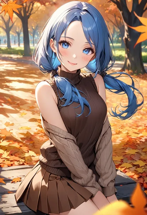 (beautiful and delicate), 
(best beauty forehead and Low Twintails) (best beauty glossy blue hair long hair) 
(immensely cute girl is 15 yo)
(best cute blue glossy eyes),
(best smile and blushing face, glossy lip), (small tits)
(in a High neck sleeveless t...