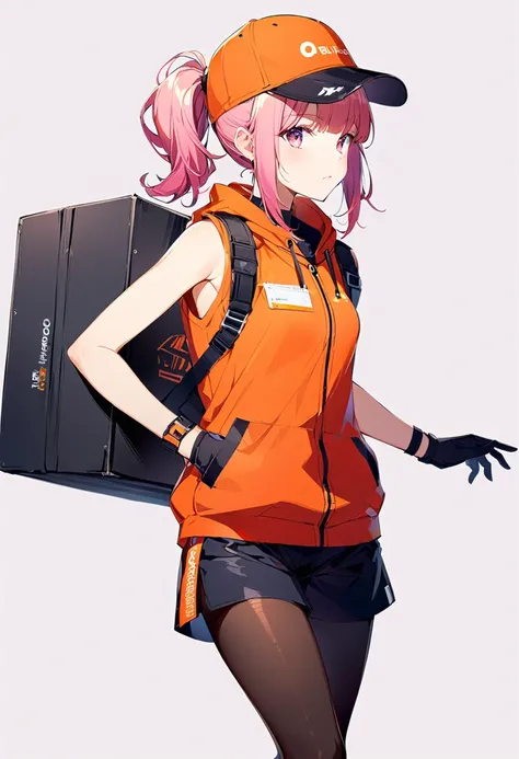 One Girl,Pink Hair,Bangs,hat,ponytail,Delivery Person,The color of the clothes is orange,Sleeveless jacket,Shorts,Black Pantyhose,Black innerwear,,Pink eyes,Black gloves,low length