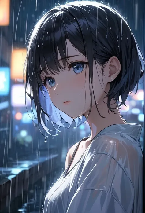 Upper body close-up（((masterpiece), on) "Perfect face, short black hair, beautiful eyes, Japanese, clean facial features, she stands alone in the rain. The rain pours down heavily, soaking her clothes as water drips from her hair and shoulders. The blurred...