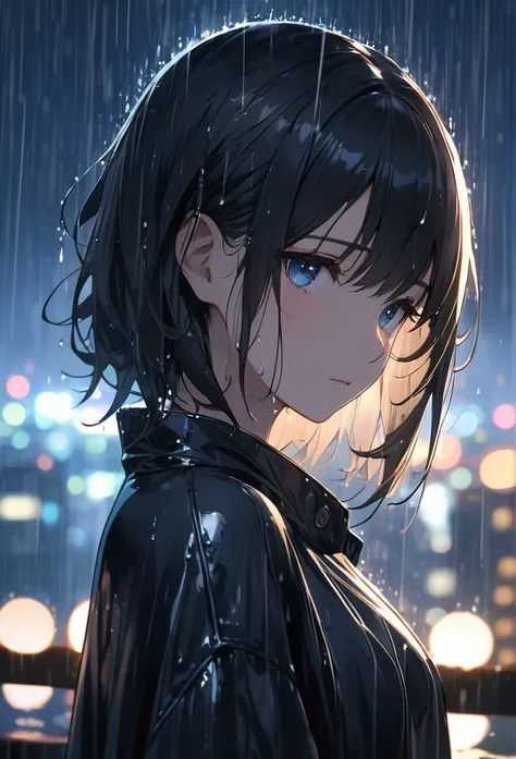 Upper body close-up（((masterpiece), on) "Perfect face, short black hair, beautiful eyes, Japanese, clean facial features, she stands alone in the rain. The rain pours down heavily, soaking her clothes as water drips from her hair and shoulders. The blurred...