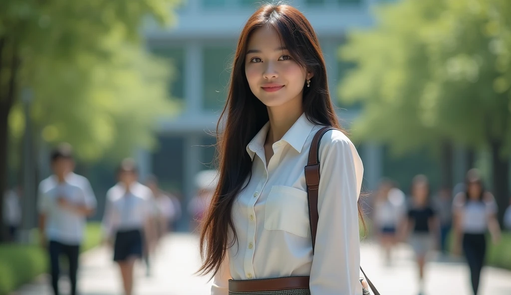 ((best quality)), ((masterpiece)), (detailed), perfect face (photorealism: 1.2), beautiful Asian woman, a university student, standing in the campus yard, long straight hair, wearing a shirt, span skirt, pose holding a bag, intricate details, realistic, sh...