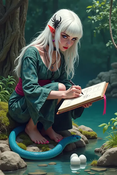 (Ultra-detailed face, Looking Away, Modern Ukiyo-e Style with Gothic, Dark Tone Colors), 
BREAK 
(This is a brightly lit corner in a deep green forest. Water gushes silently from a clear, small spring. A blue snake mother watches over her tiny white eggs i...