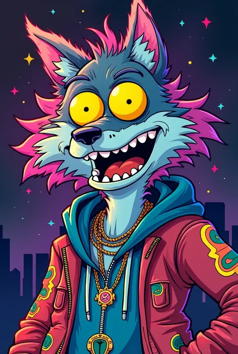 Create a psychedelic, Simpsons-style cartoon wolf little rapper with exaggerated features, vibrant colors, and swirling patterns. The mule should have a dynamic, energetic expression, similar to a comic book or graffiti style. It should incorporate element...