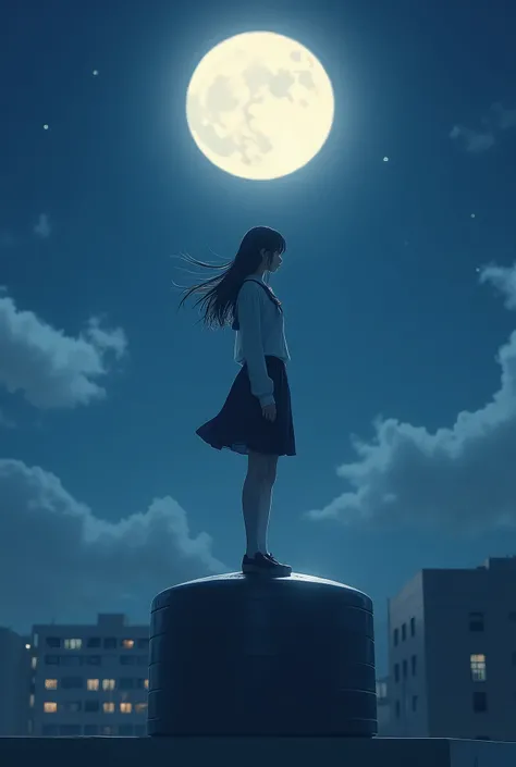 live-action、Real、A very beautiful Japanese high school girl standing on a water tank on the roof of her school building、Late Night、Student Uniform、Hair and clothes fluttering in the wind、It appears to overlap with the full moon