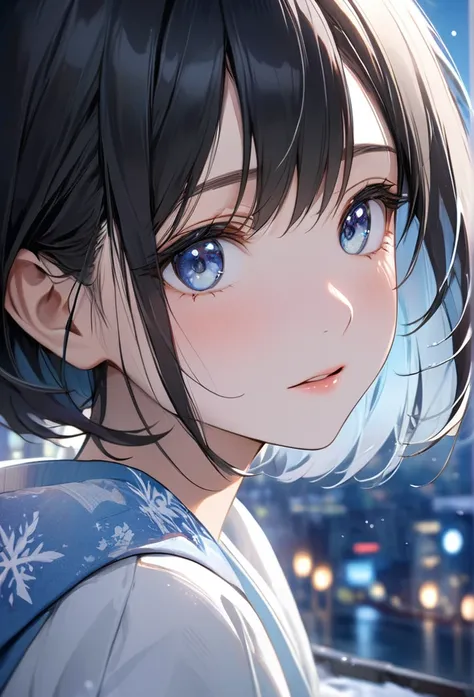 Upper body close-up（((masterpiece), on) "Perfect face, short black hair, beautiful eyes, Japanese, clean facial features, she pauses in surprise at the moment she meets her soulmate, feeling as though time has stopped around her. The background shows a blu...