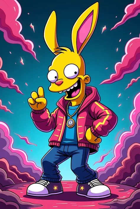 Create a psychedelic, Simpsons-style cartoon bunny little rapper with exaggerated features, vibrant colors, and swirling patterns. The mule should have a dynamic, energetic expression, similar to a comic book or graffiti style. It should incorporate elemen...