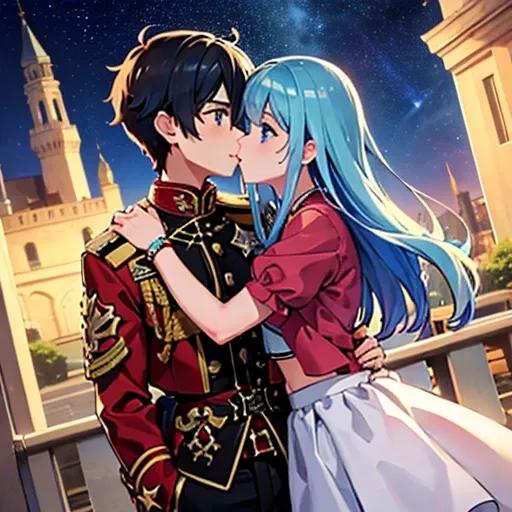 A girl with blue eyes and light blue hair, red blouse with gold plates on her body, pink panties, a gold bracelet and white skirt affectionately kissing a boy with short black hair on the lips, ojos marrones, lentes, red jacket with a night castle behind t...