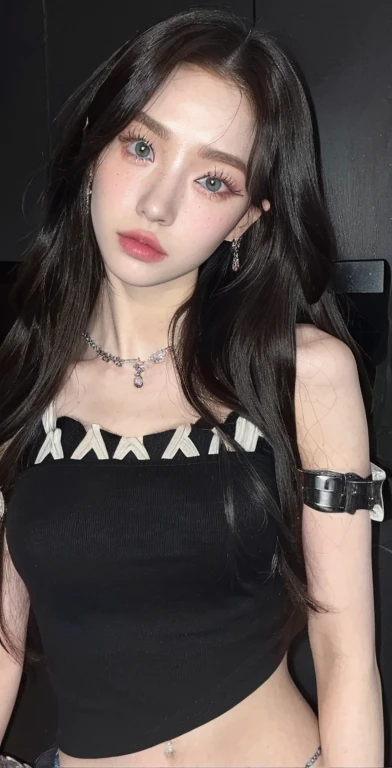 a close up of a woman wearing a black shirt and a choker and green blue eyes, sakimichan, cruel korean goth girl, jisoo from blackpink, pale fair skin!!, young beautiful amouranth, ulzzang, she is wearing a black tank top, dilraba dilmurat, from 8 k matte,...