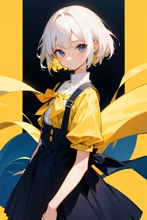 Short white hair, , Yellow blouse、Clothes、Front、Superior。Navy Blue Dress、