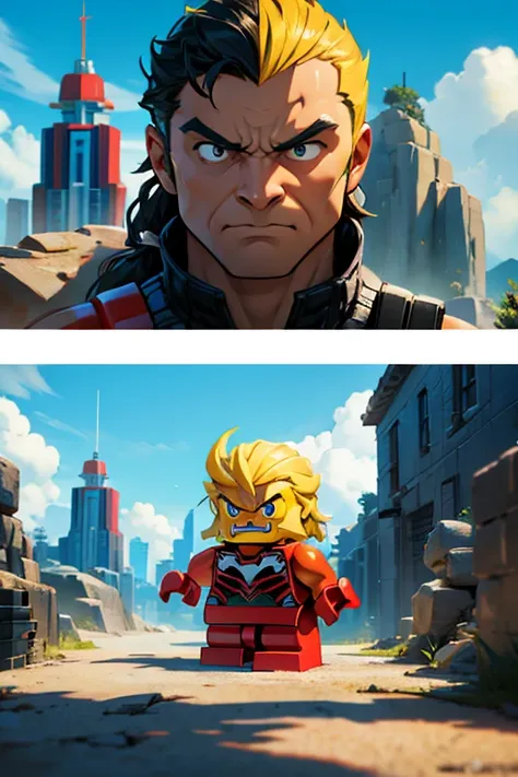 Create several Marvel characters side by side in a Lego world