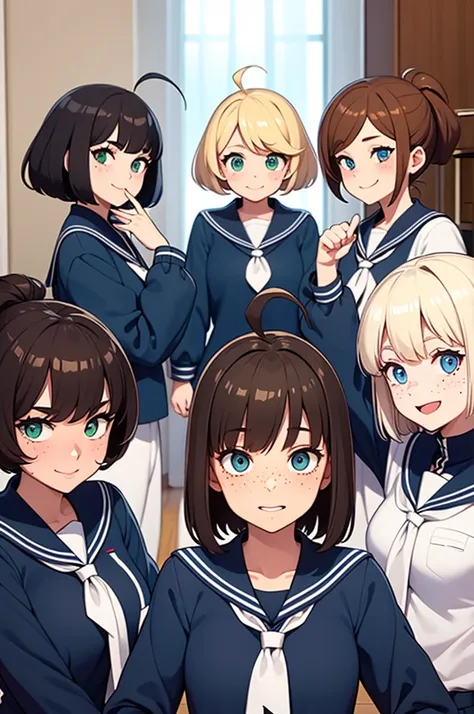 [Five cute girls wearing pink, green and blue sailor uniforms, posing next to a green and yellow war tank, with excited smiles and cool poses, (girl-A: brunette, pink bob cut hair with ahoge, green eyes, shy manner, >2.1> Lvl 7) (girl-B: freckles, blonde h...