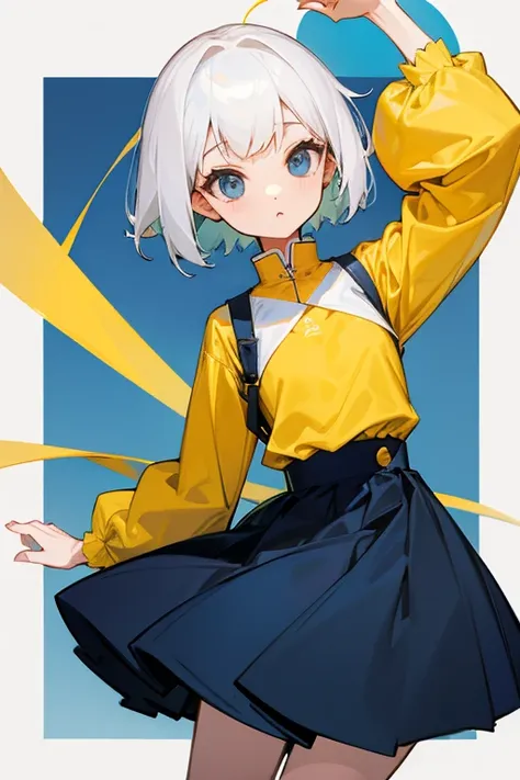 Short white hair, , Yellow blouse、Clothes、Front、Superior。Navy Blue Dress、