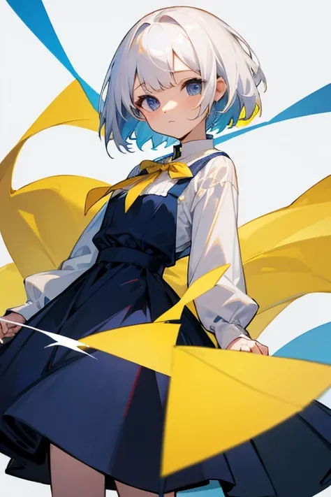 Short white hair, , Yellow blouse、Clothes、Front、Superior。Navy Blue Dress、