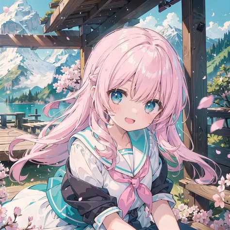 (masterpiece),  landscape,  mountain horizon,  Cherry blossoms,  petal,  Light particle upper body,  1 girl,  sailor,  curls,  floating hair,  Smile,  sitting,  open mouth,  light particle pink hair,  Aqua eyes,  looking at the audience,  Face focus