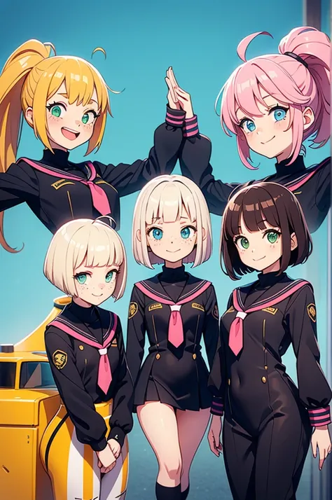 [Five cute girls wearing pink, green and blue sailor uniforms, posing next to a green and yellow war tank, with excited smiles and cool poses, (girl-A: brunette, pink bob cut hair with ahoge, green eyes, shy manner, >2.1> Lvl 7) (girl-B: freckles, blonde h...