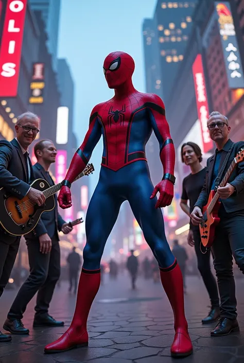 Spiderman with the entire Coldplay band 
