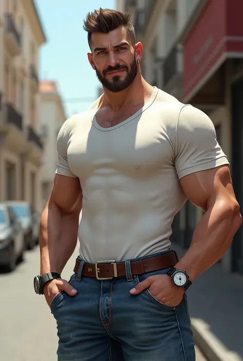 Imagen realista de gianluca_antonelli, nalgon de espaldas, backside , arrogant, smirk, (thight white shirt), brown belt,  jeans, hairy chest, slim muscular, street, daylight, male focus, beard, ear piercing, blue eyes, Big butt, backside bent   (((backside...