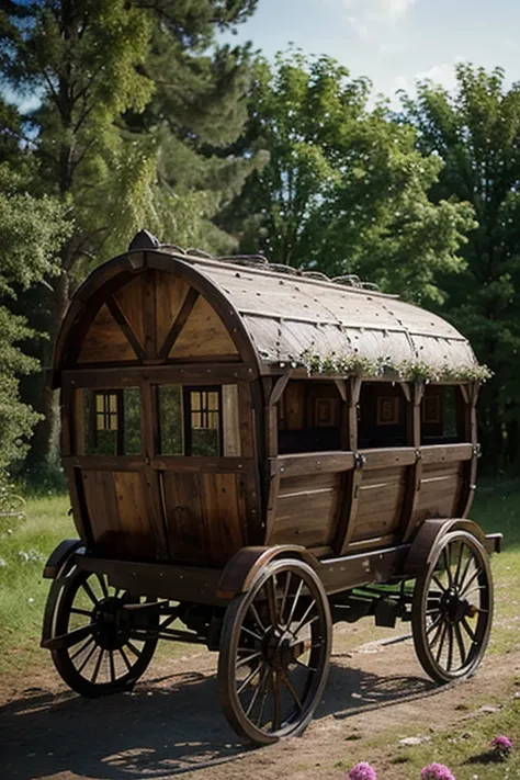 Eco-Wagons: Vehicles made of natural materials like wood and stone, with advanced eco-friendly technology. They might have a rustic charm, resembling a cross between a carriage and a modern SUV, adorned with flowers and greenery.