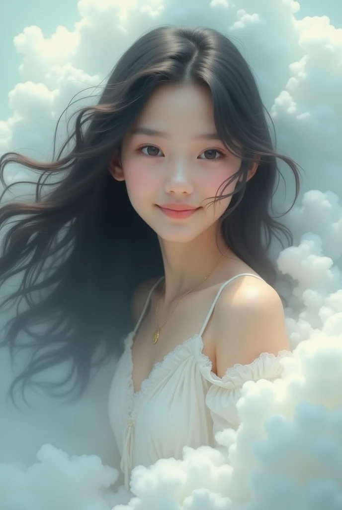 A medium body shot ,A girl within cloud,long black hair,facing forward,smiling 
