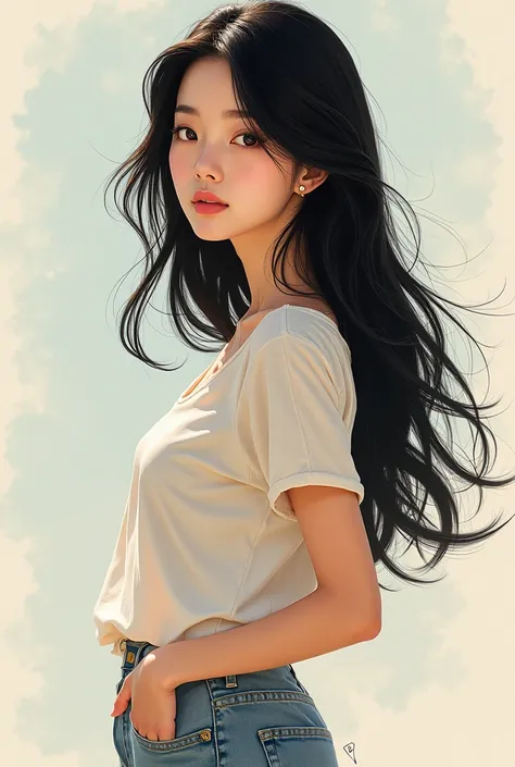 Korean comics, medium body shot,A casual outfit and beautiful woman,facing forward,long black hair.