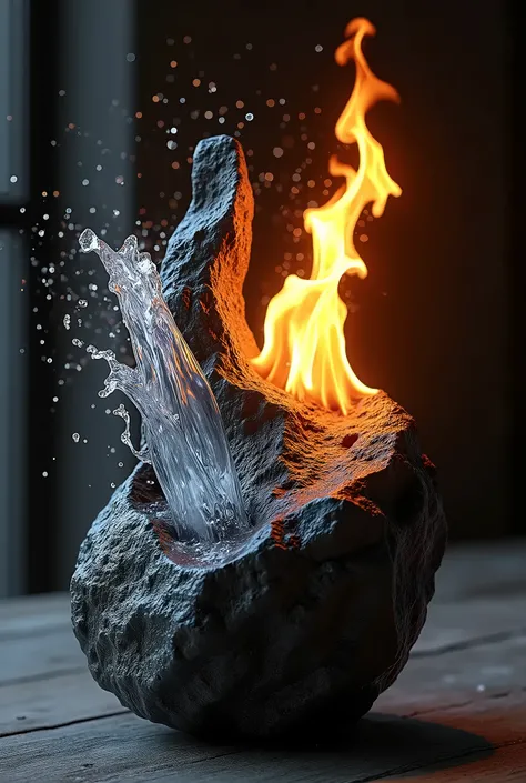 Realistic furnishing object, a house ornament made of both water and fire. There is a jet of water coming out upwards from the left side of a black rock and a blaze emerging from the right side of the black stone. (The jet of water and the blaze intertwine...