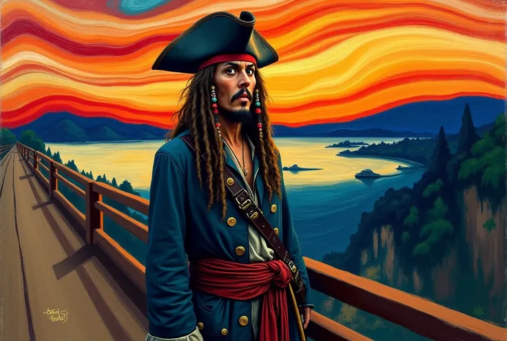 A stylized digital painting of **Jack Sparrow** standing in the famous pose from **The Scream** by **Edvard Munch**. Jack Sparrows expression mirrors the iconic scream, with his signature **pirate hat**, **dreadlocks**, and **beads** framing his distressed...