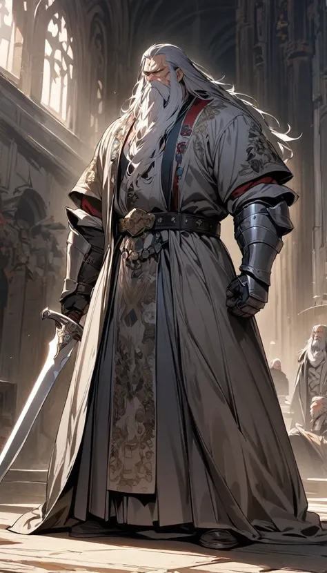 masterpiece, Best Quality, Muscular Old Man, Big man,Long Hair,Gray Hair,Long Beard,Quietly angry face ,Coat with metal embellishments,Decorated Robe,Decorated belt, Gauntlets, god々しいgodの剣,A long, shining blade,Full body view